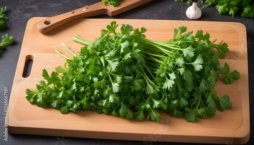 Parsley. On a chopping board in the kitchen