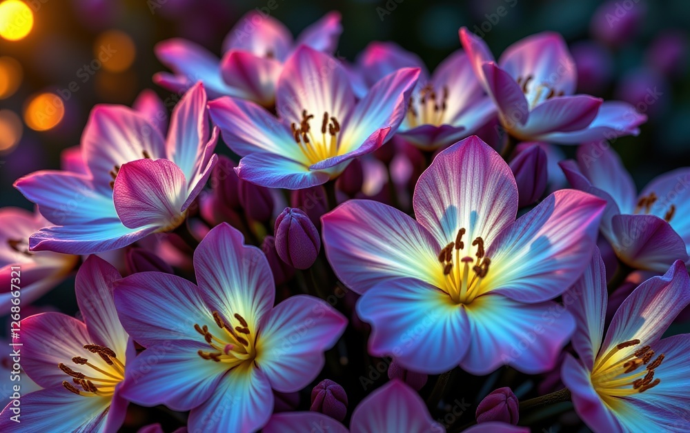 Fototapeta premium A stunning close-up of vibrant, glowing flowers in full bloom, illuminated with soft golden light.
