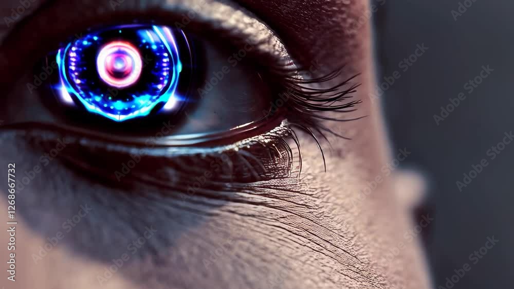 Glowing cybernetic eye in close-up flickers in darkness