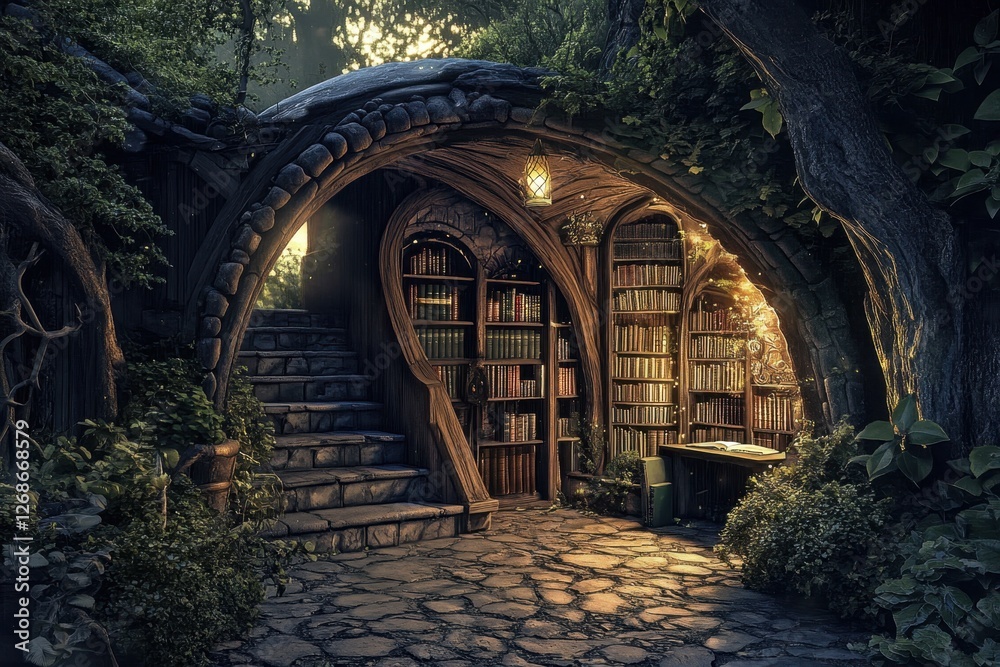 Naklejka premium Enchanting library nook hidden among trees during golden hour