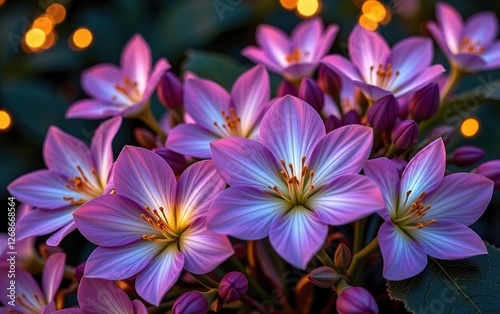 A stunning close-up of vibrant, glowing flowers in full bloom, illuminated with soft golden light.