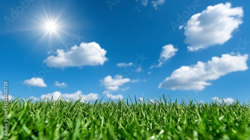 Vibrant green grass stretches to a bright blue sky dotted with fluffy white clouds, sun shining brightly