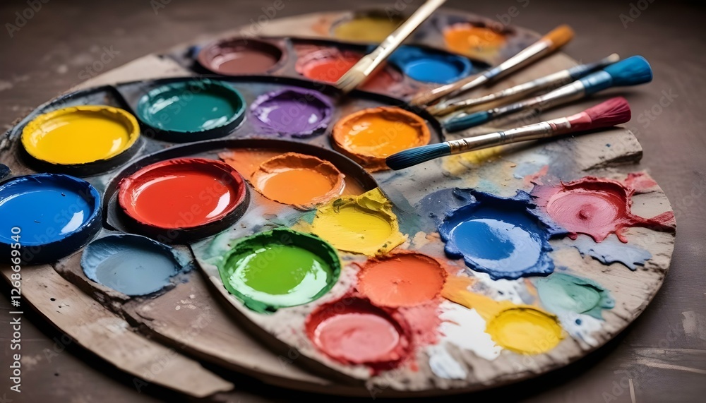 Naklejka premium art palette with colorful mixed paints and paintbrushed