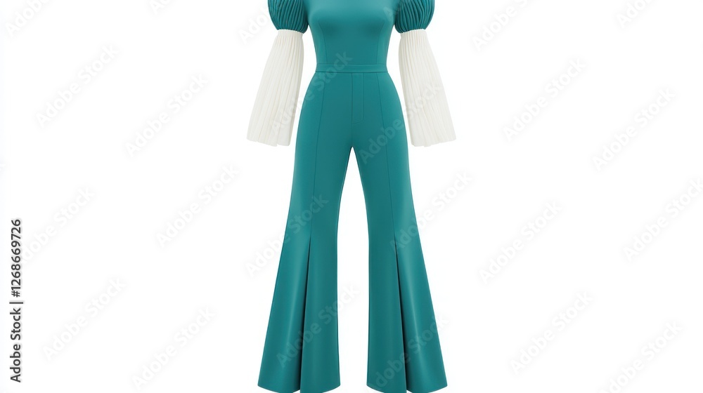 Teal jumpsuit, puff sleeves, fashion, studio shot Teal jumpsuit, puff sleeves, fashion, studio shot