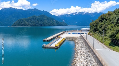 An aerial view of a calm lake with a dock, surrounded by lush green mountains under a bright sunny sky. The scene is peaceful and serene, showcasing