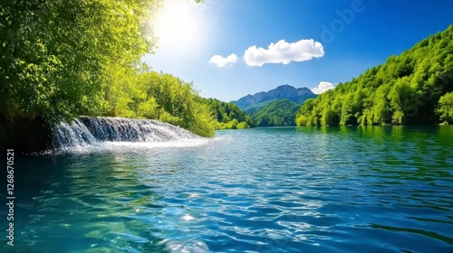 Serene landscape featuring a tranquil river flowing through lush greenery under a bright sunny sky. The water is crystal clear, reflecting the