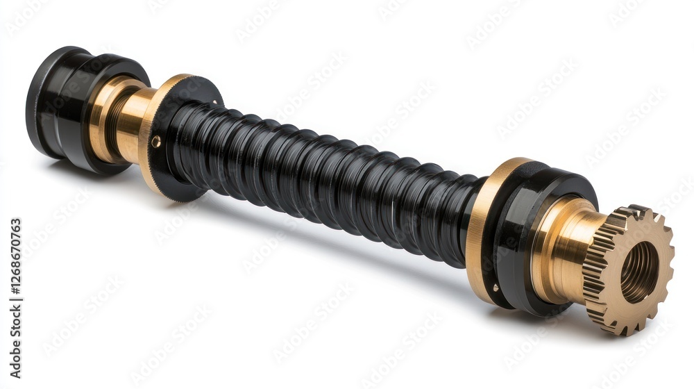 Close-up of a precision-engineered helical component with brass and black elements, isolated on white background. Close-up of a precision-engineered helical component with brass and black elements, isolated on white background.