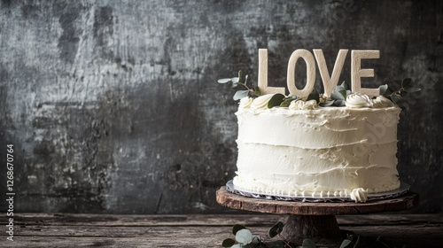 rustic wedding cake with love topper photo