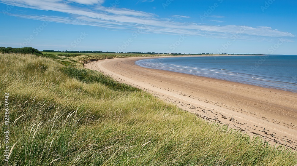 Serene Coastal Scene Sandy Beach and Rolling Dunes Under a Summer Sky Serene Coastal Scene Sandy Beach and Rolling Dunes Under a Summer Sky