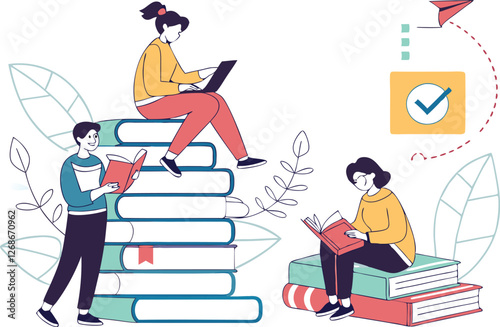 Business concept illustration. Set of vector Illustration of students study on piles of books, take exams, quizzes. additional learning, tutoring in preparation for assessment.