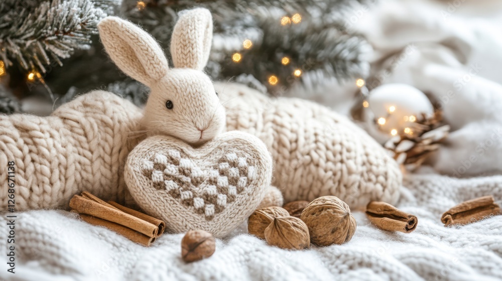Fototapeta premium knitted bunny with heart on cozy winter blanket