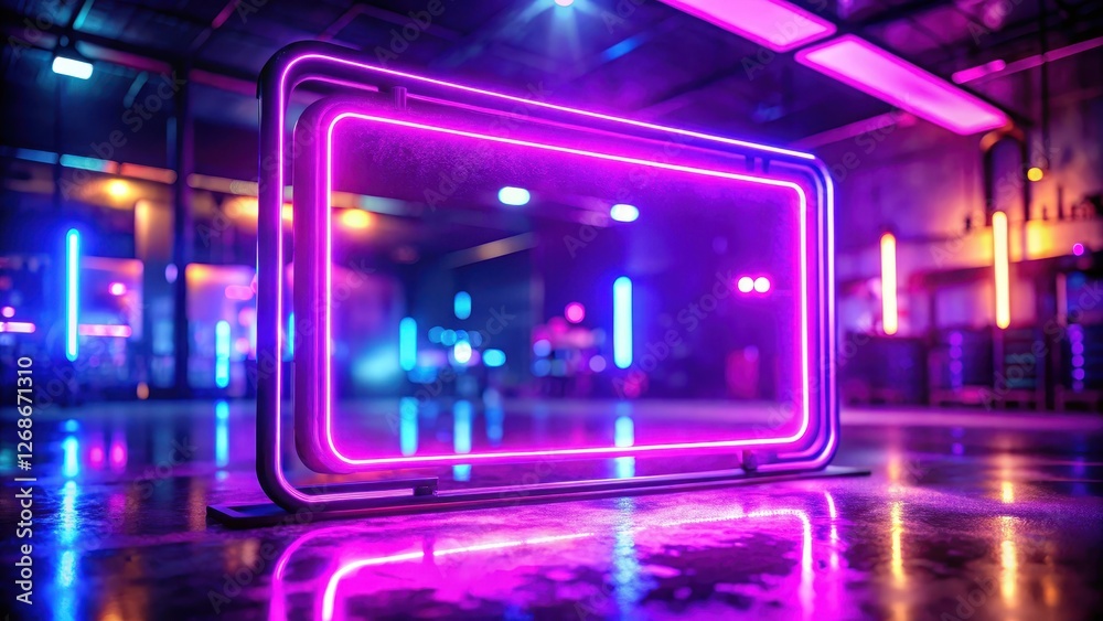 Vibrant purple neon light pulses with an otherworldly glow, illuminating a futuristic sign with a blurred background Vibrant purple neon light pulses with an otherworldly glow, illuminating a futuristic sign with a blurred background