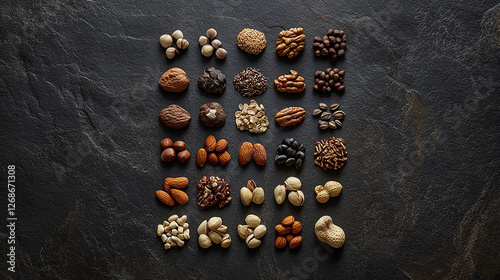 A variety of raw and roasted nuts artistically arranged