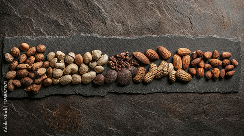 A variety of raw and roasted nuts artistically arranged