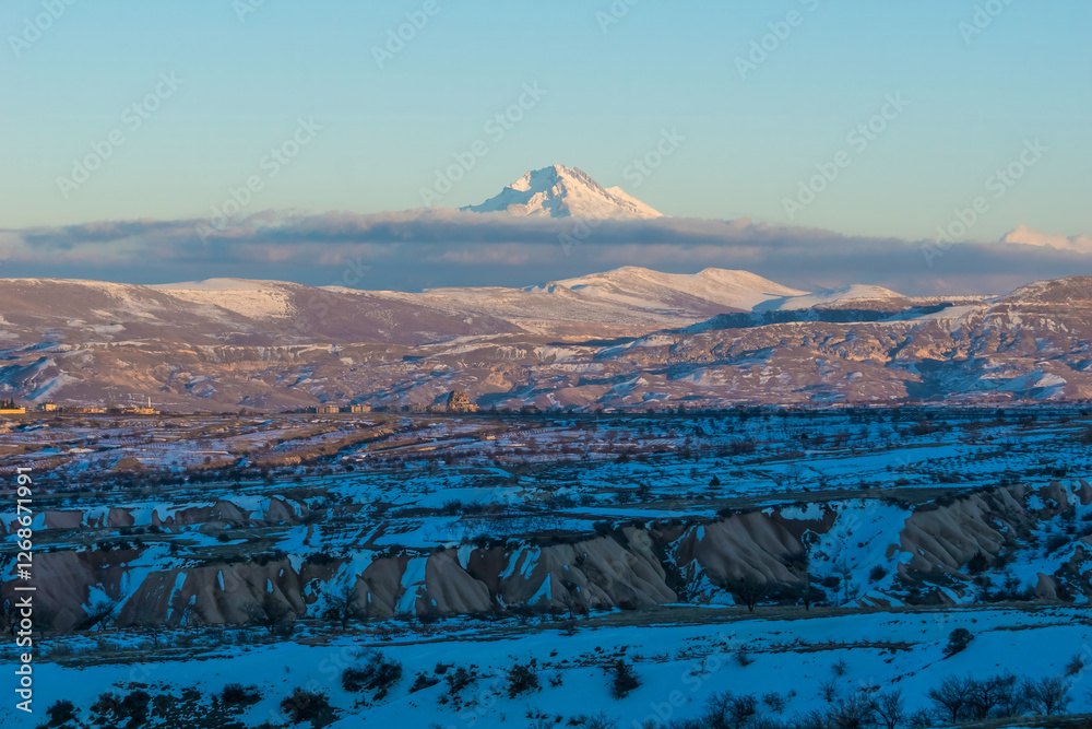 Cappadocia landscape with Erciyes extinct volcano, Turkey