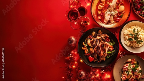 festive christmas dinner table with delicious food and wine photo