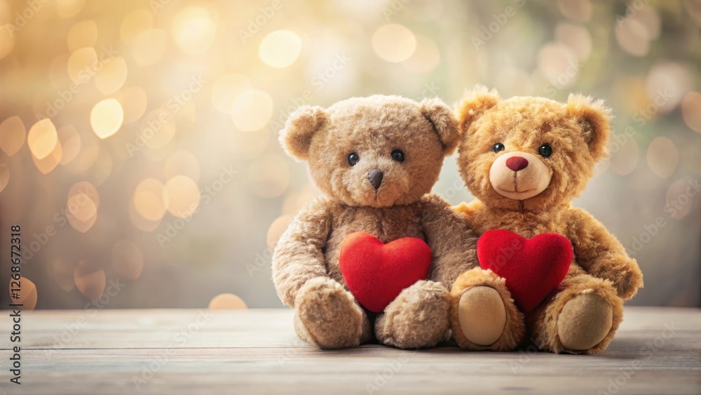 Fototapeta premium Two teddy bears sitting next to each other with a sweet heart symbolically connecting them in front of a soft background, animal friends, teddy bears