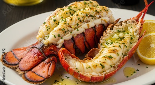 Grilled Lobster Tails with Garlic Butter Sauce and Lemon Wedges Ready photo