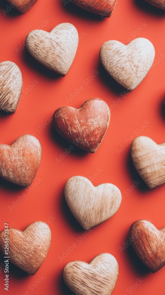 wooden heart pattern red background valentines day wooden heart pattern red background valentines day