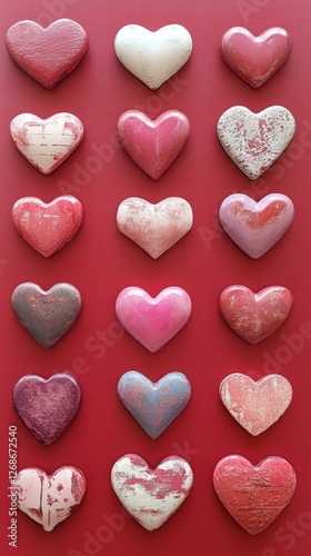 twenty heart shaped decorative ornaments on red background photo