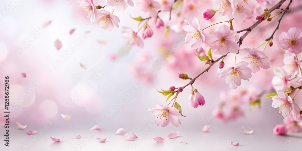 Obraz premium Delicate pink sakura petals fall gently from a blooming cherry blossom tree against a soft white background, nature scene, pink sakura petals falling