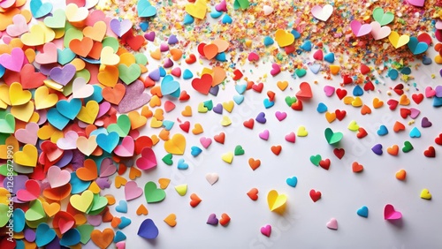 Colorful paper hearts scattered on a white background with confetti overlay creating a festive atmosphere, perfect for celebrations and special occasions, gift, scatter