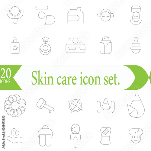  Skin care icon set. Wellness and body spa anti-aging, pore tightening, cosmetology, spa treatments, massage, hyaluronic acid, serum, line icon collection.