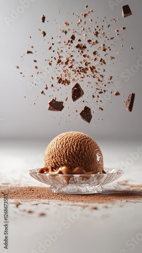 Floating chocolate ice cream scoop with chocolate splashes