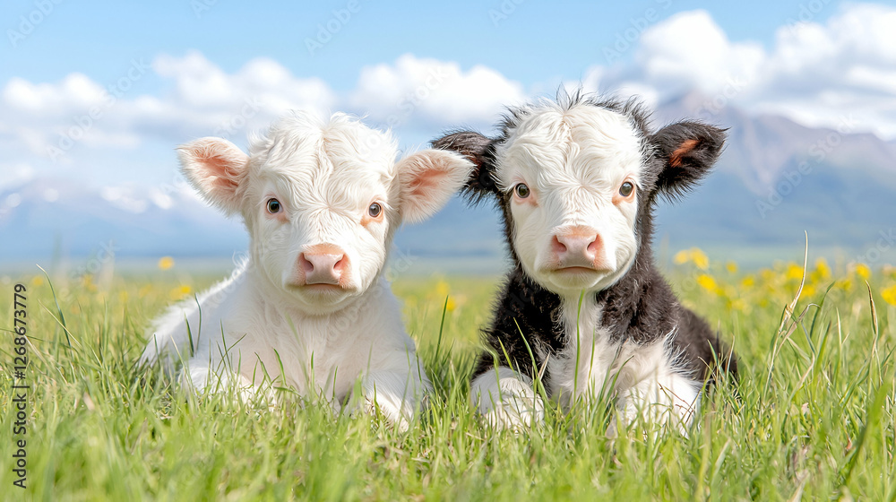 Two calves in grassy field, mountains background, idyllic farm scene, perfect for greeting cards