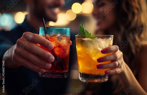 Couple clinking colorful cocktails at bar with hands close-up shot photo