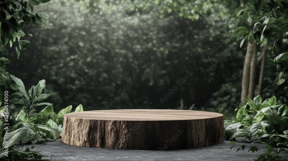 wooden tree stump platform in lush green forest wooden tree stump platform in lush green forest