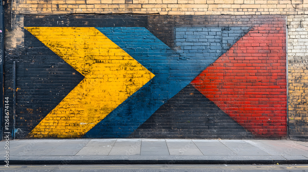 Naklejka premium A vibrant mural featuring geometric shapes in yellow, blue, and red against a textured black brick wall