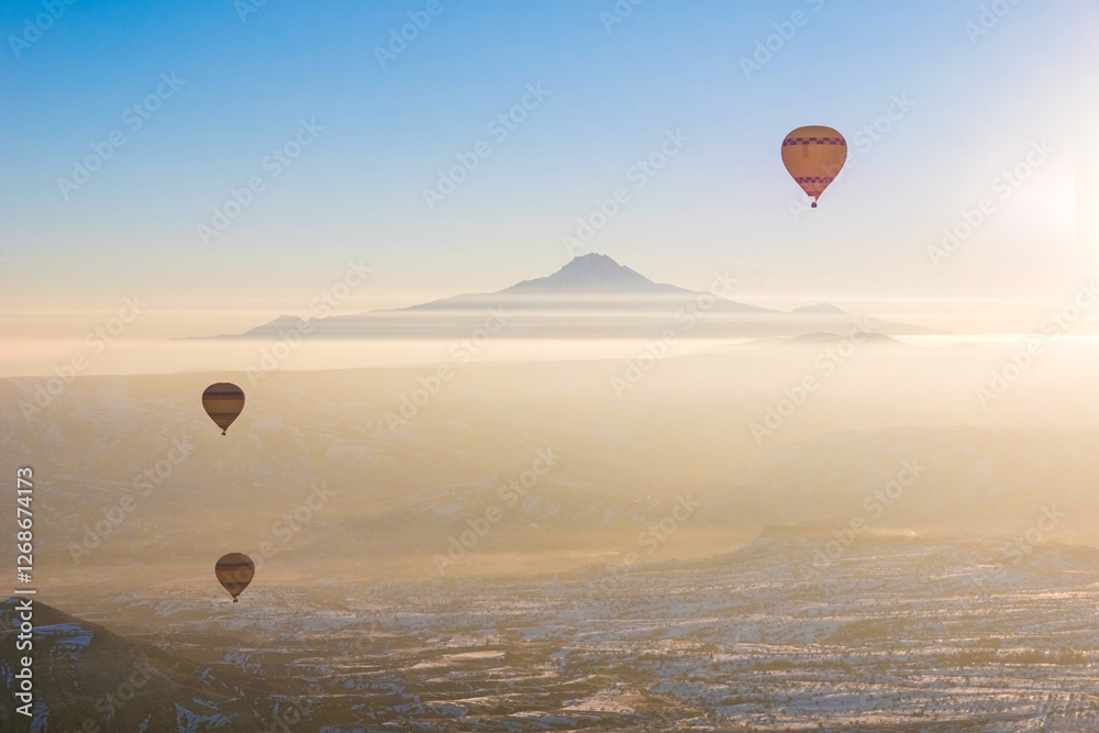 Hot air balloons flying over Cappadocia, Turkey