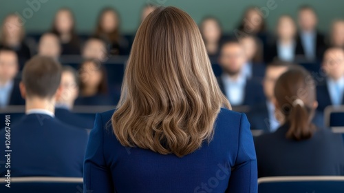 Rear view of a woman with long brown hair in a navy blue blazer, addressing a large audience in a conference room. The audience is blurred