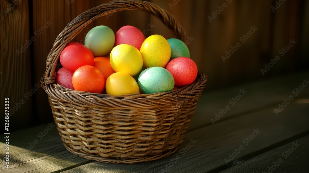 A woven basket filled with colorful Easter eggs, set against a rustic wooden background. The eggs are various pastel shades and speckled, arranged A woven basket filled with colorful Easter eggs, set against a rustic wooden background. The eggs are various pastel shades and speckled, arranged