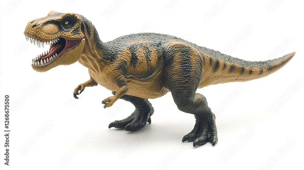 Obraz premium Menacing T-Rex figurine with sharp teeth, isolated and striking, conveying primal ferocity and raw power.