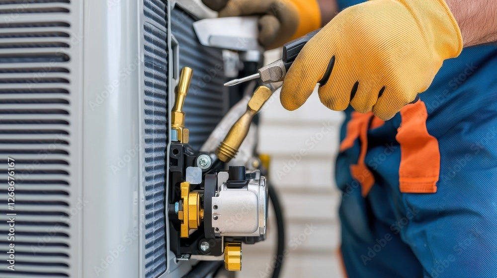 Air Conditioning Service Concept, Close-Up of Tools and Components Used in Air Conditioning Repair and Maintenance Standard Procedures Air Conditioning Service Concept, Close-Up of Tools and Components Used in Air Conditioning Repair and Maintenance Standard Procedures