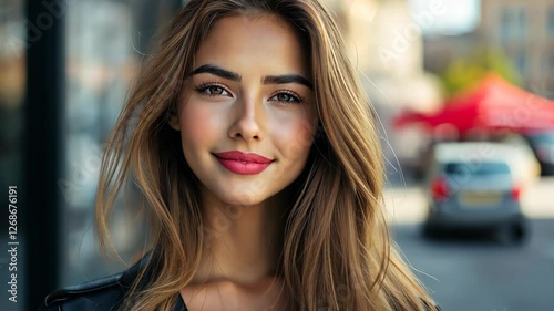 Wallpaper Mural  close up Caucasian woman with brunette long hair optimistic smile face portrait at city street, urban lifestyle Torontodigital.ca