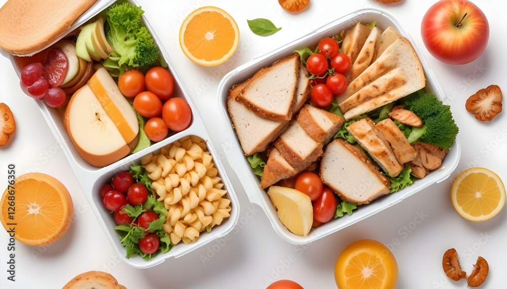 Lunch box with delicious food isolated on a white background Lunch box with delicious food isolated on a white background