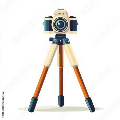 Camera on tripod with vector tripod icon isolated on white background in flat design style