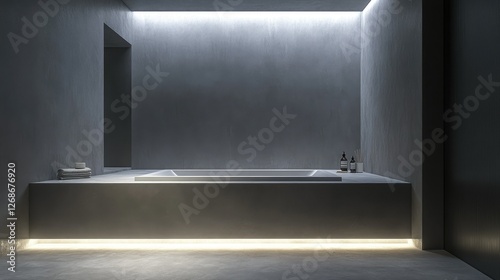 Contemporary gray bathroom with a built-in bathtub, subtle lighting, and minimalist, high-end finishes.