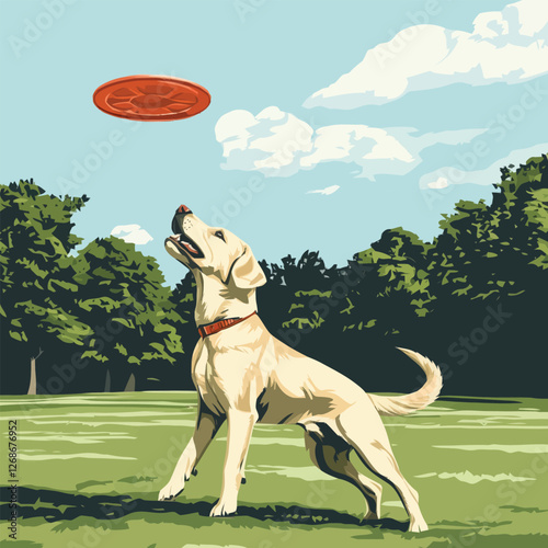 A vector of a dog playing fetch in a park with a frisbee