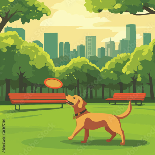 A vector of a dog playing fetch in a park with a frisbee