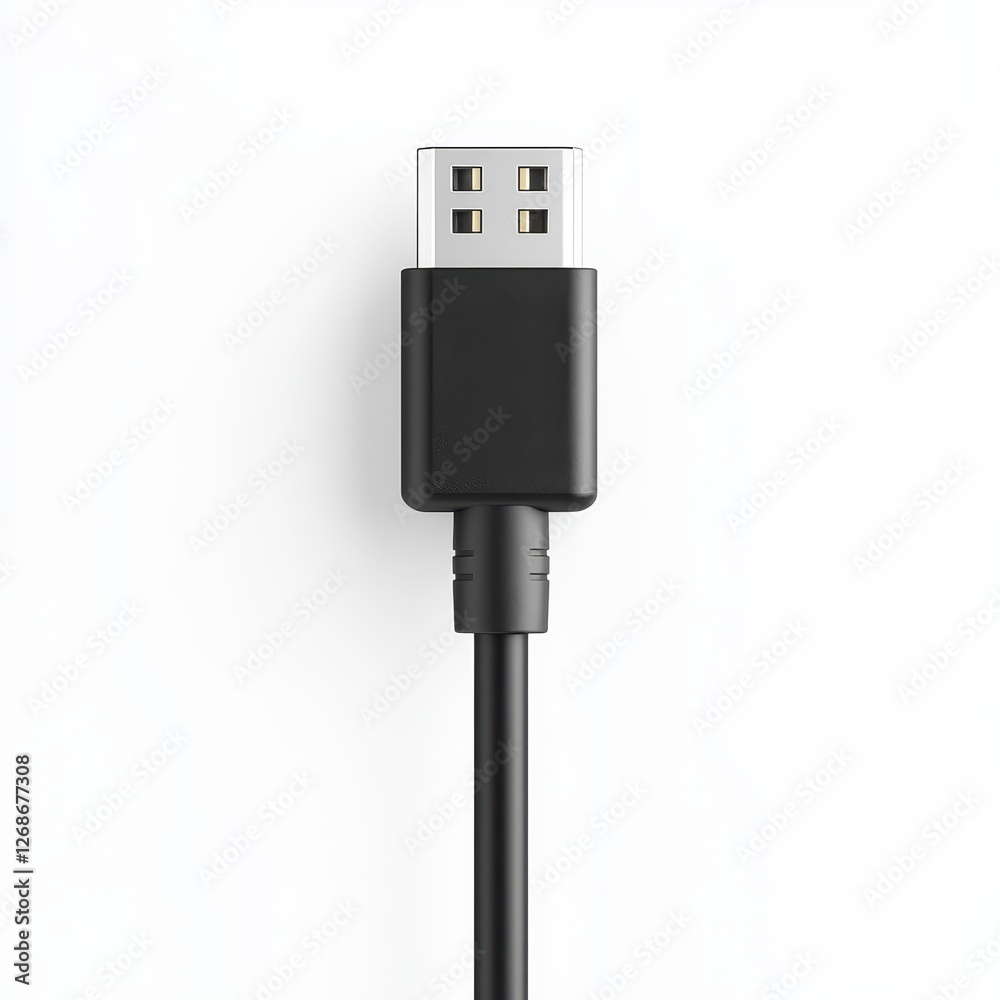 A black USB cable isolated on a clean white background for digital connectivity and gear organization A black USB cable isolated on a clean white background for digital connectivity and gear organization