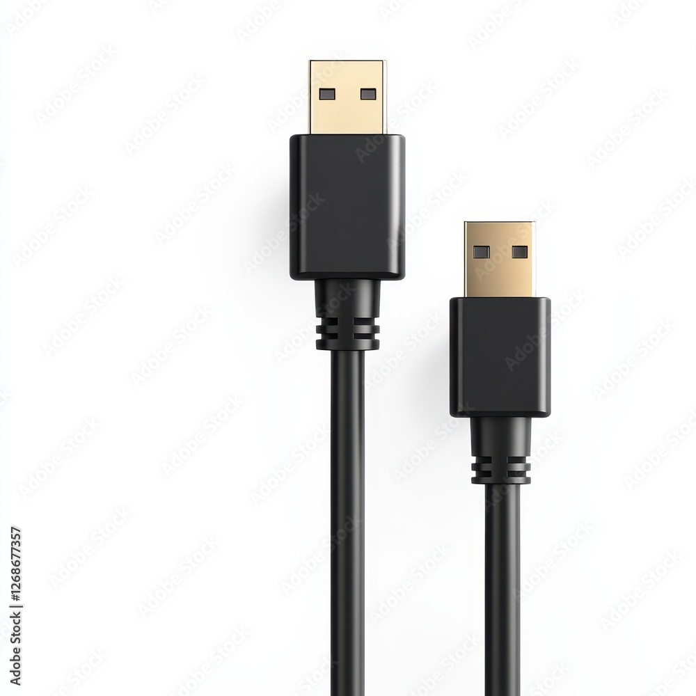 A black USB cable featuring a gold connector for highspeed data transfer and charging capabilities A black USB cable featuring a gold connector for highspeed data transfer and charging capabilities