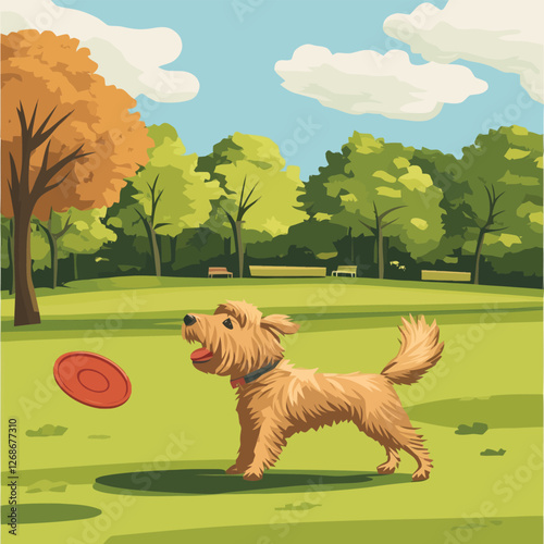 A vector of a dog playing fetch in a park with a frisbee