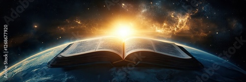 Open Bible floating above a planet illuminated by the sun, representing divine light and spiritual connection across the globe