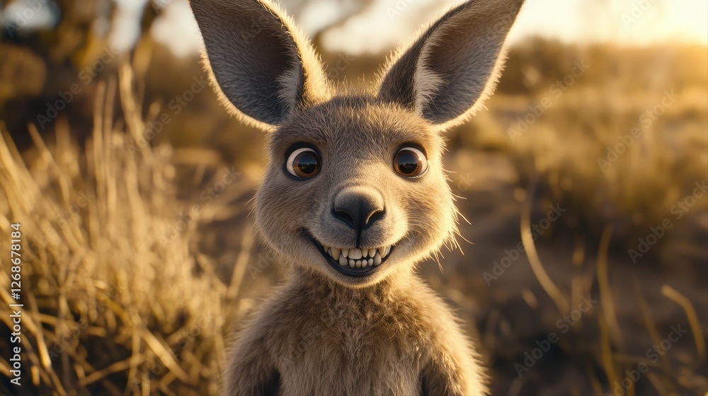 Joyful kangaroo exhibiting a big smile while posing in a natural outdoor setting with a blue sky