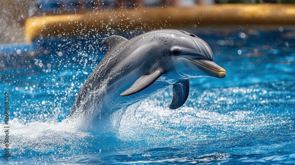Obraz premium Leaping dolphin creating splashes while joyfully jumping out of the exquisite blue ocean