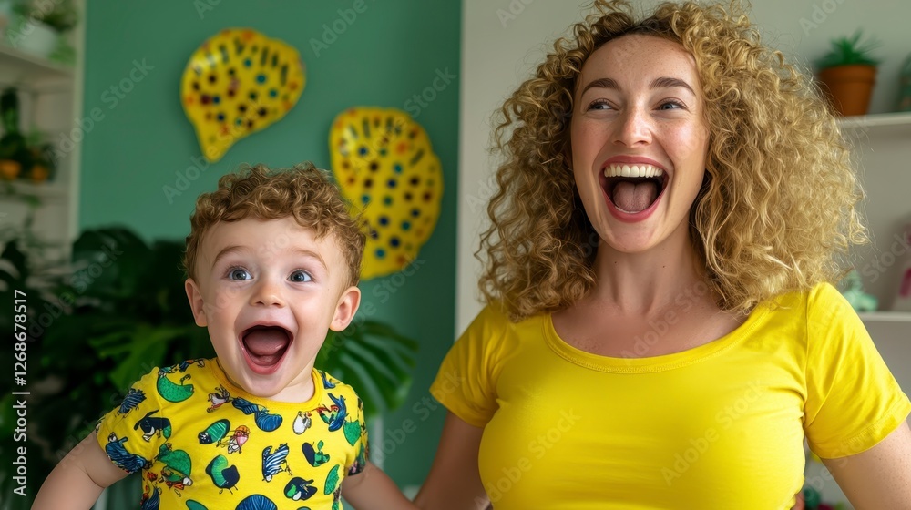 Joyful mother and toddler son in matching yellow shirts, open mouthed laughter, green wall background, bright indoor lighting Joyful mother and toddler son in matching yellow shirts, open mouthed laughter, green wall background, bright indoor lighting